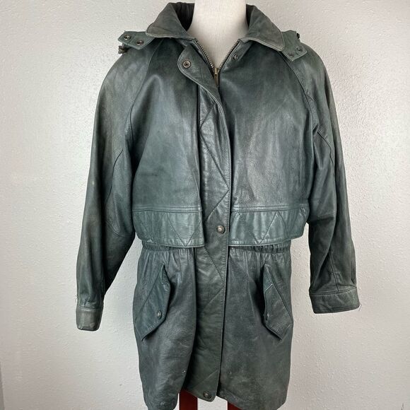 Vintage Wilson’s Adventure Bound Hooded Green Leather Jacket Size M - Picture 1 of 14